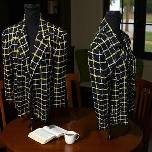 Vintage Stylish Black and Yellow Checkered Blazer